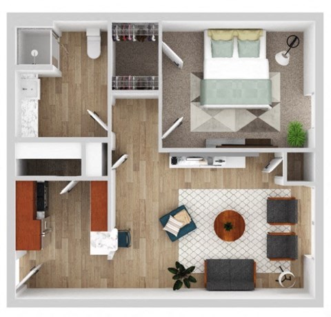 a stylized floor plan of a bedroom with a living room